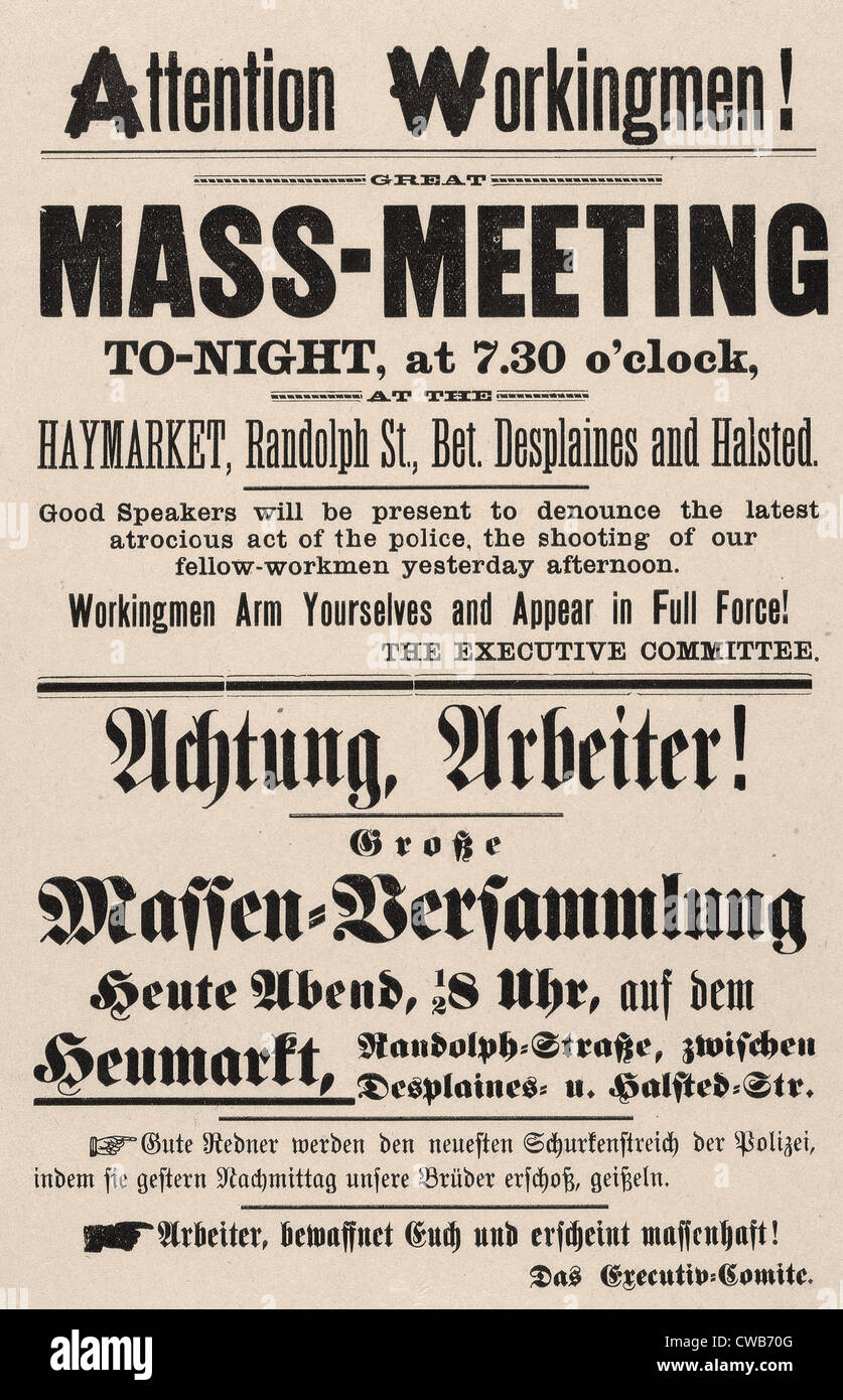 Haymarket Riot. A flier calling for a protest against the Chicago police. Printed handbill, Chicago, Ill, May 4, 1886 Stock Photo