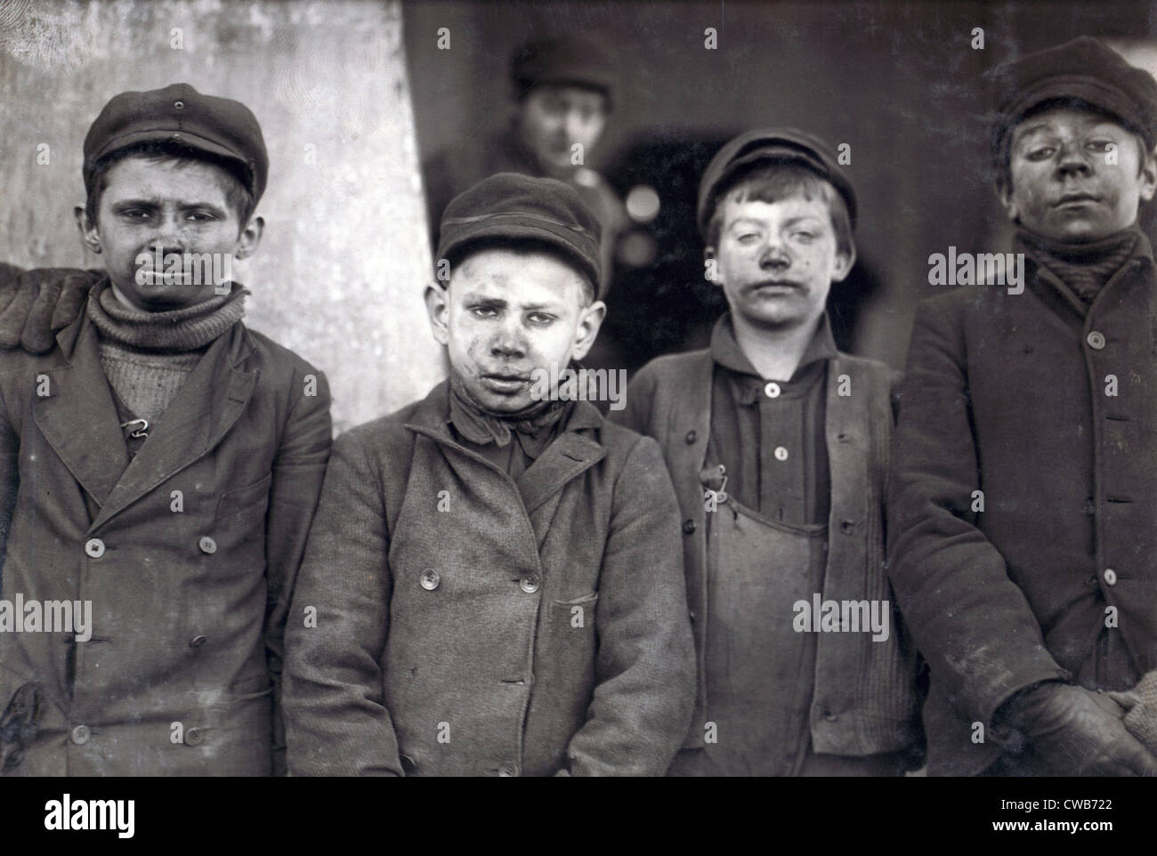 Child laborers portrayed by Lewis Hine in 1911. Dust covered Breaker boys at Pennsylvania Coal mine, Pittston, Pennsylvania. Stock Photo