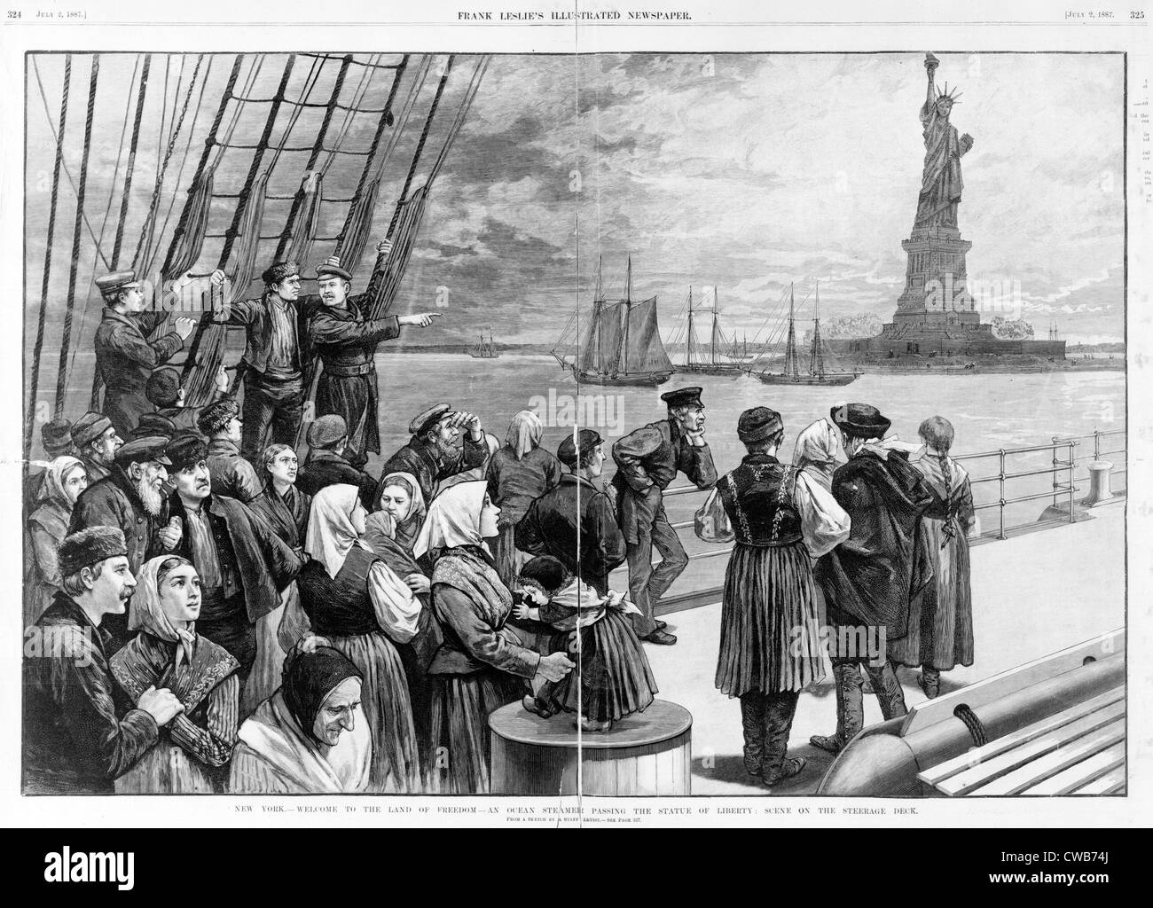Statue of Liberty. Welcome to the land of freedom - An ocean steamer passing the Statue of Liberty: Scene on the steerage deck. Stock Photo