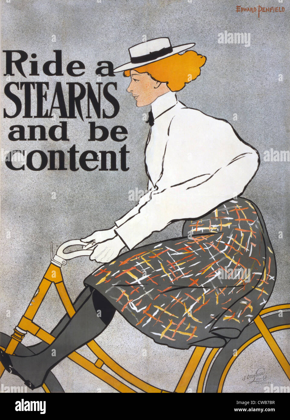 Ride a Stearns and be content. Poster advertising Stearns bicycles, showing a woman cyclist. Edward Penfield chromolithograph Stock Photo