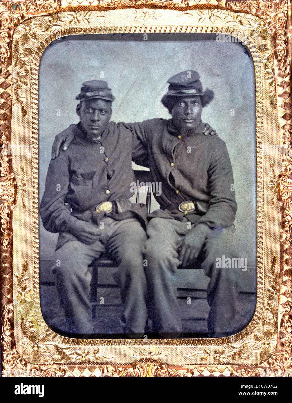 Two African American soldiers wearing Union uniforms. Tintype ca. 1860-1870 Stock Photo