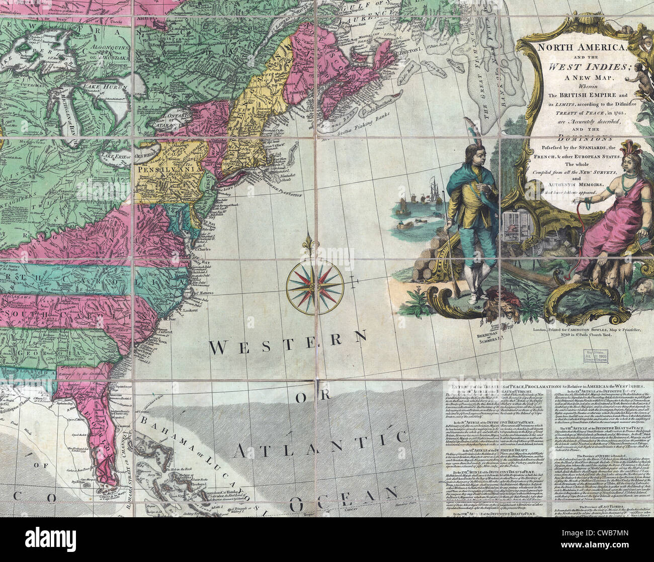 Map showing the 13 British Colonies after the 1763 Peace of Paris. Hand-colored engraving by Carington Bowles ca. 1774 Stock Photo