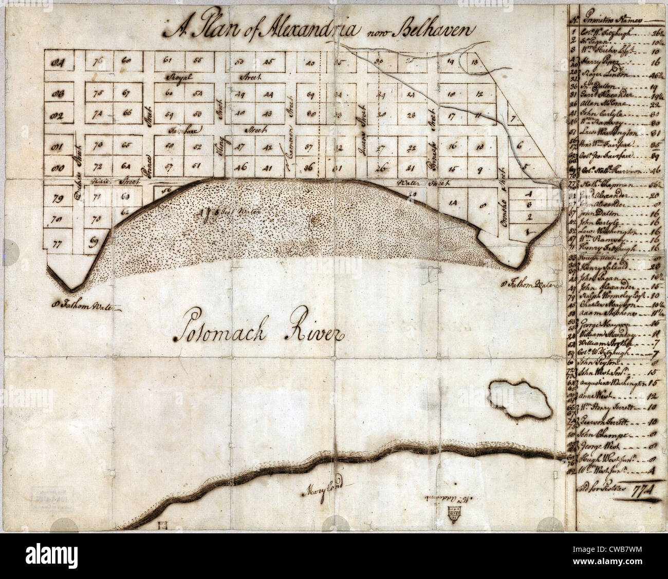 A plan of Alexandria, now Belhaven, Virginia. Surveyed and drawn by George Washington, 1749 Stock Photo