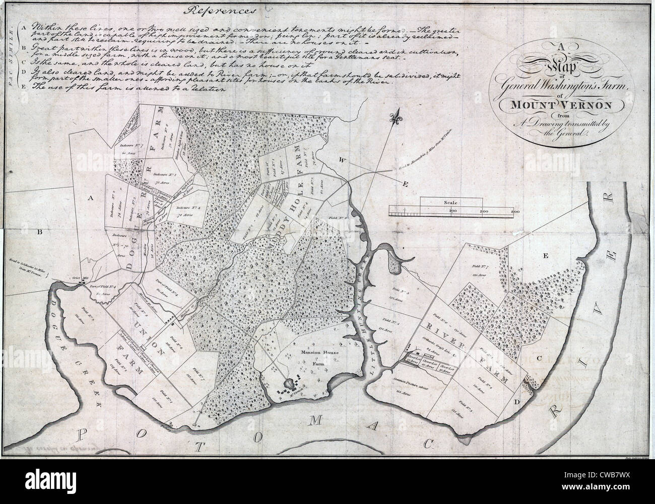 A map of General Washington's farm of Mount Vernon from a drawing transmitted by the General. Surveyed and drawn by George Stock Photo