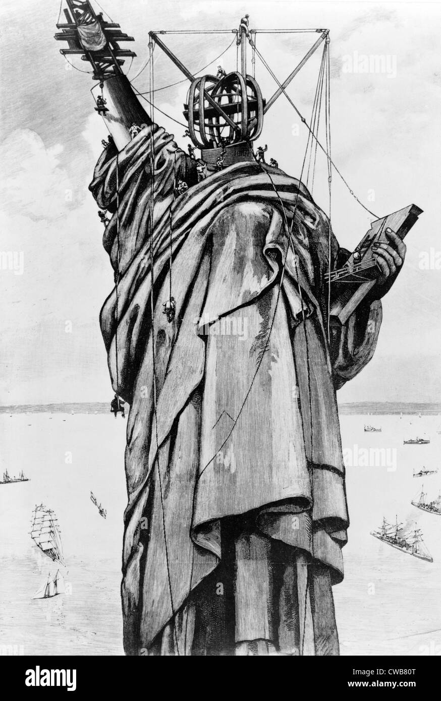 Statue of Liberty. Construction of the Statue of Liberty on Bedloe's Island. Engraving ca. 1886 Stock Photo