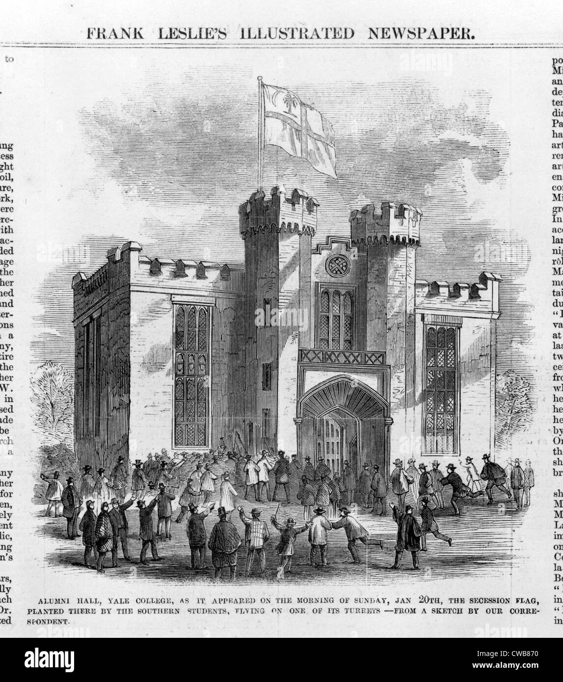 The Civil War, Southern secessionists raise flag over Alumni Hall at Yale College, January 20, 1861 Stock Photo
