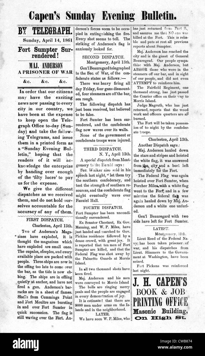 The Civil War, Fort Sumpter surrendered! Newspaper headline announcing the beginning of the Civil War.  April 14, 1861. Stock Photo