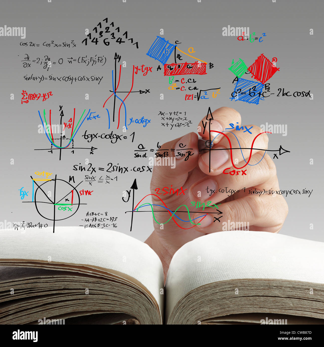 Maths Riting male teacher writing various high school maths and science formula on ...