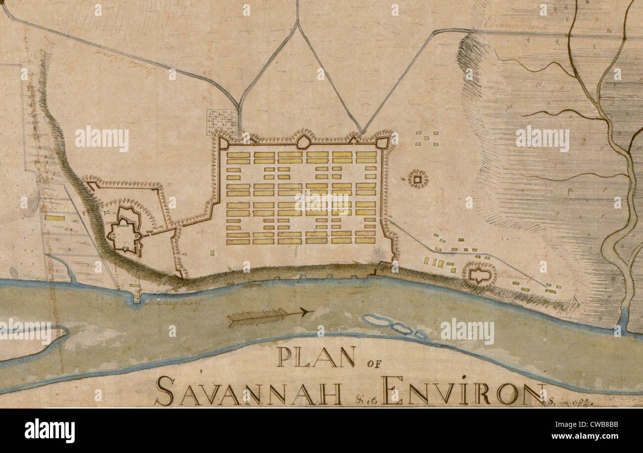 The American Revolution. Plan of Savannah & its environs. Manuscript map. 1782 Stock Photo