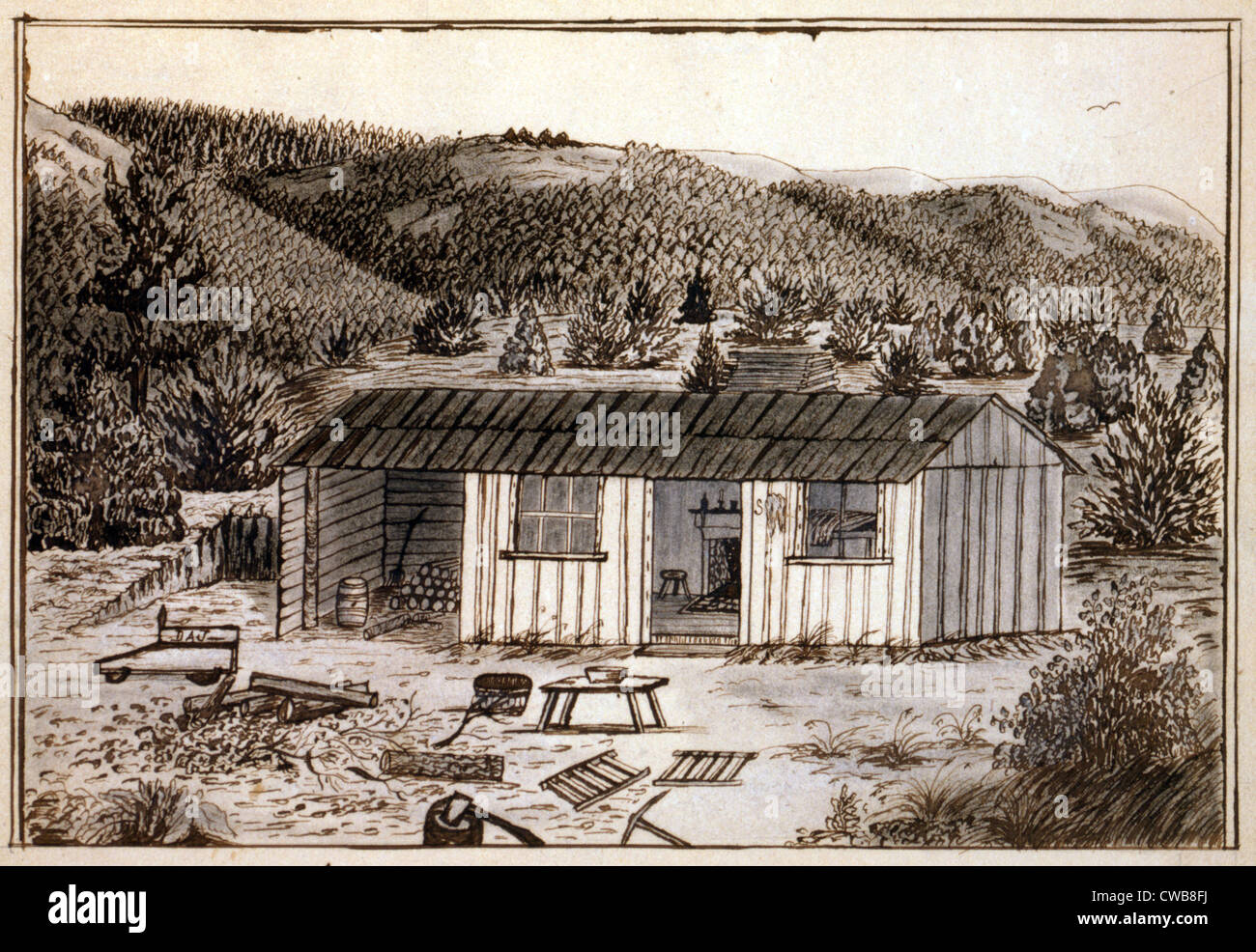 My cabin, Long Gulch. California Gold Rush cabin, 1859. Daniel Jenks, color Stock Photo
