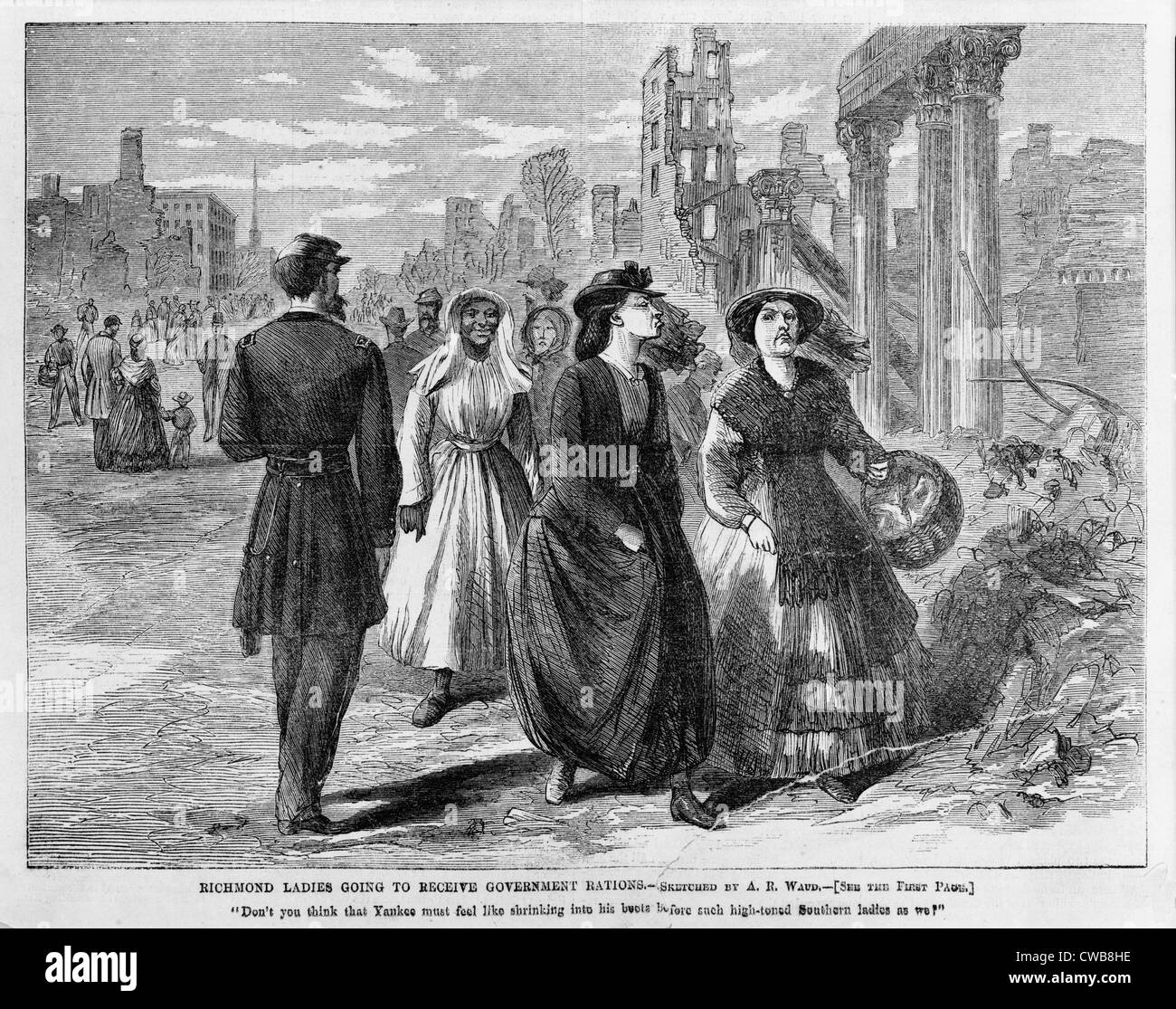 The Civil War. Southern ladies walk by Union soldier and ruins of Richmond going to receive government rations. Stock Photo