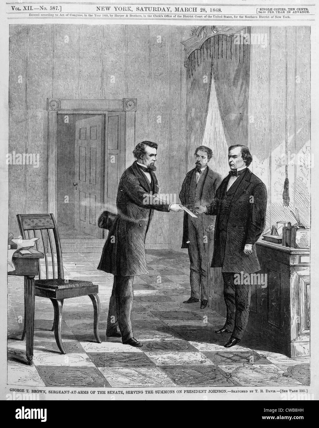 President Andrew Johnson. being served impeachment summons in the White House. Stock Photo