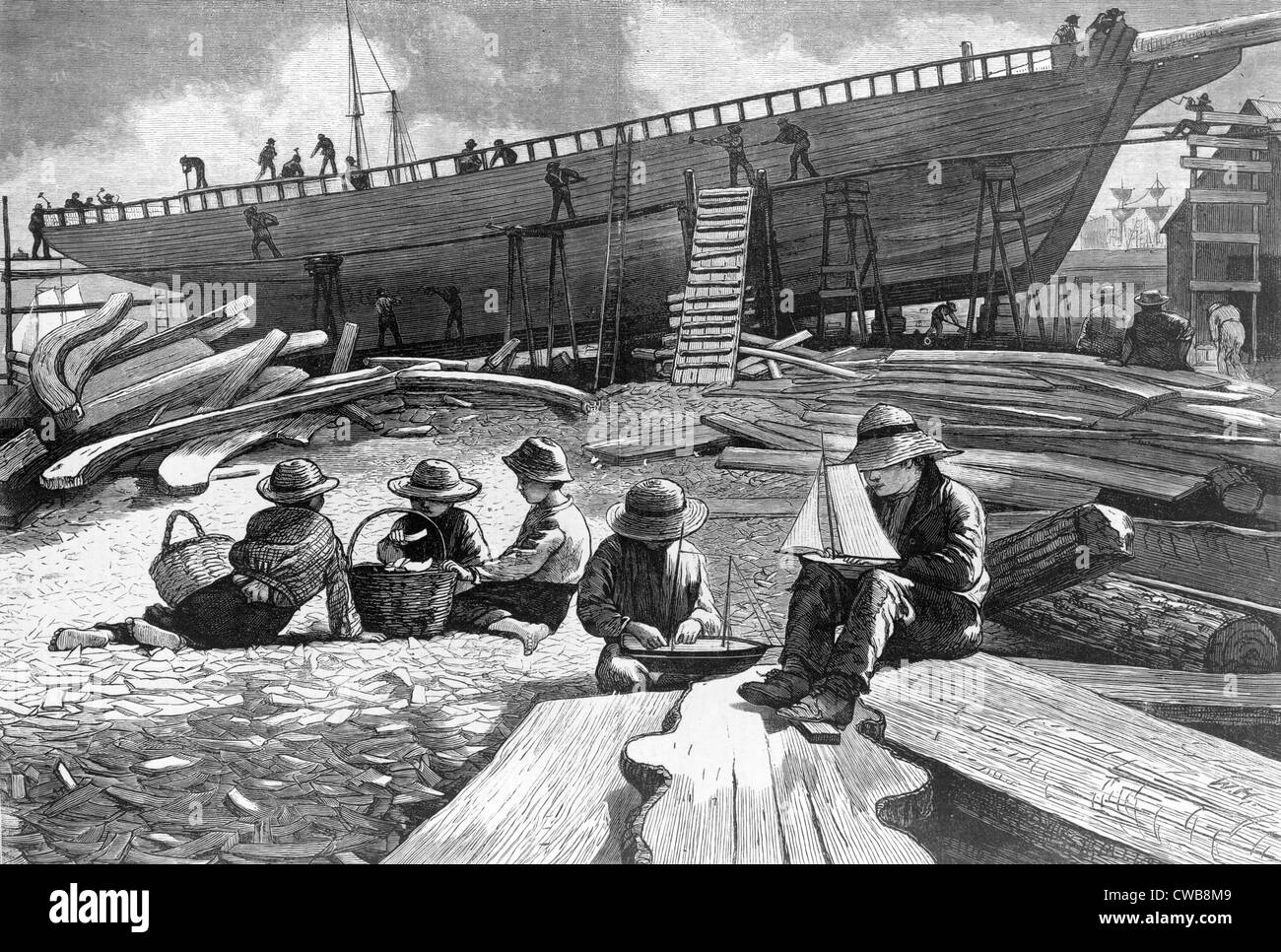 Ship-building, Gloucester Harbor, MA. drawn by Winslow Homer, 1873 Stock Photo