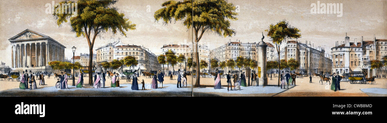 Boulevard de la Madeleine in Paris, France. color lithograph by Paul Lancel, 1852 Stock Photo