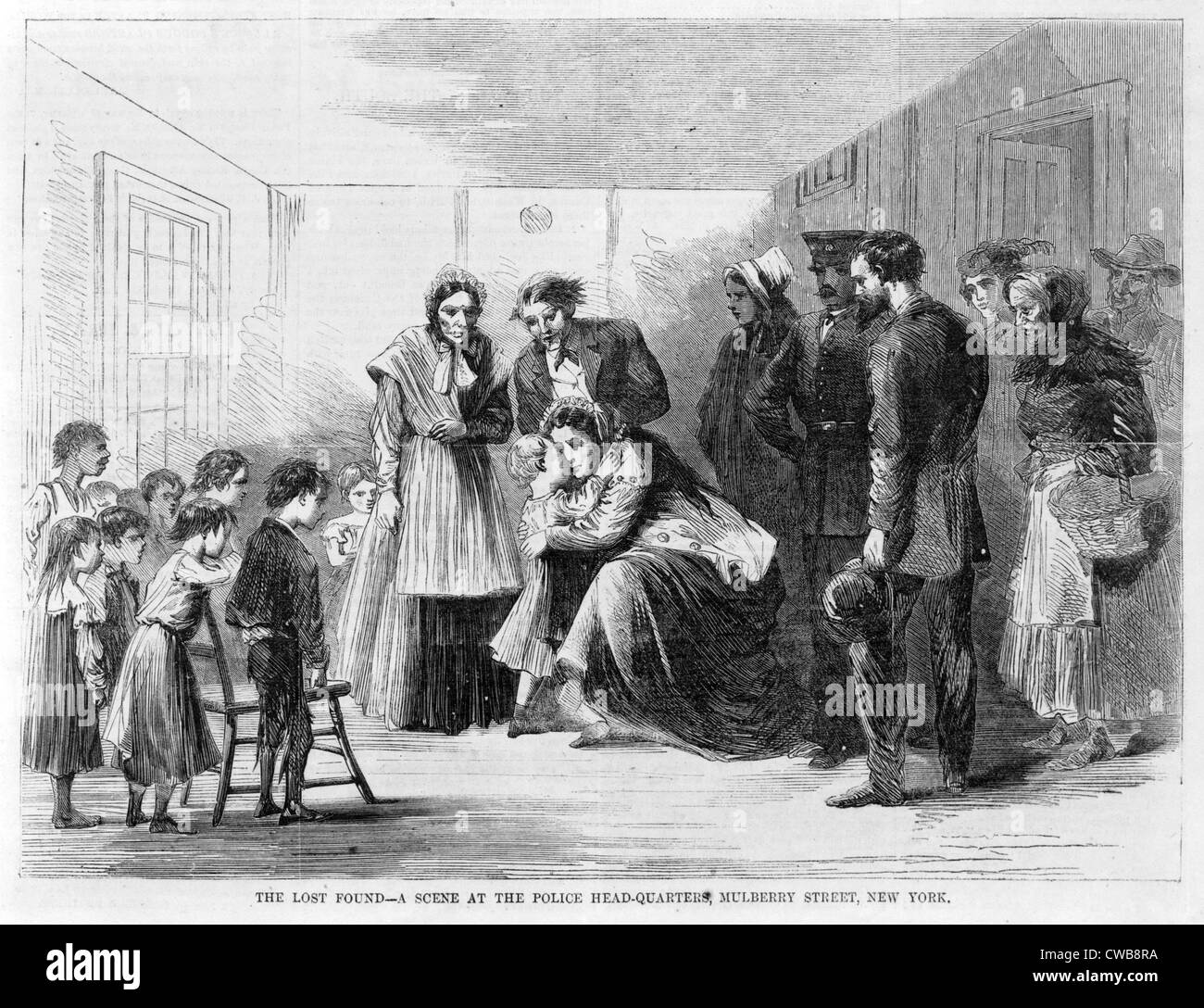 New York City. A mother is reunited with her child at the police head-quarters, Mulberry Street, New York . 1866 Stock Photo