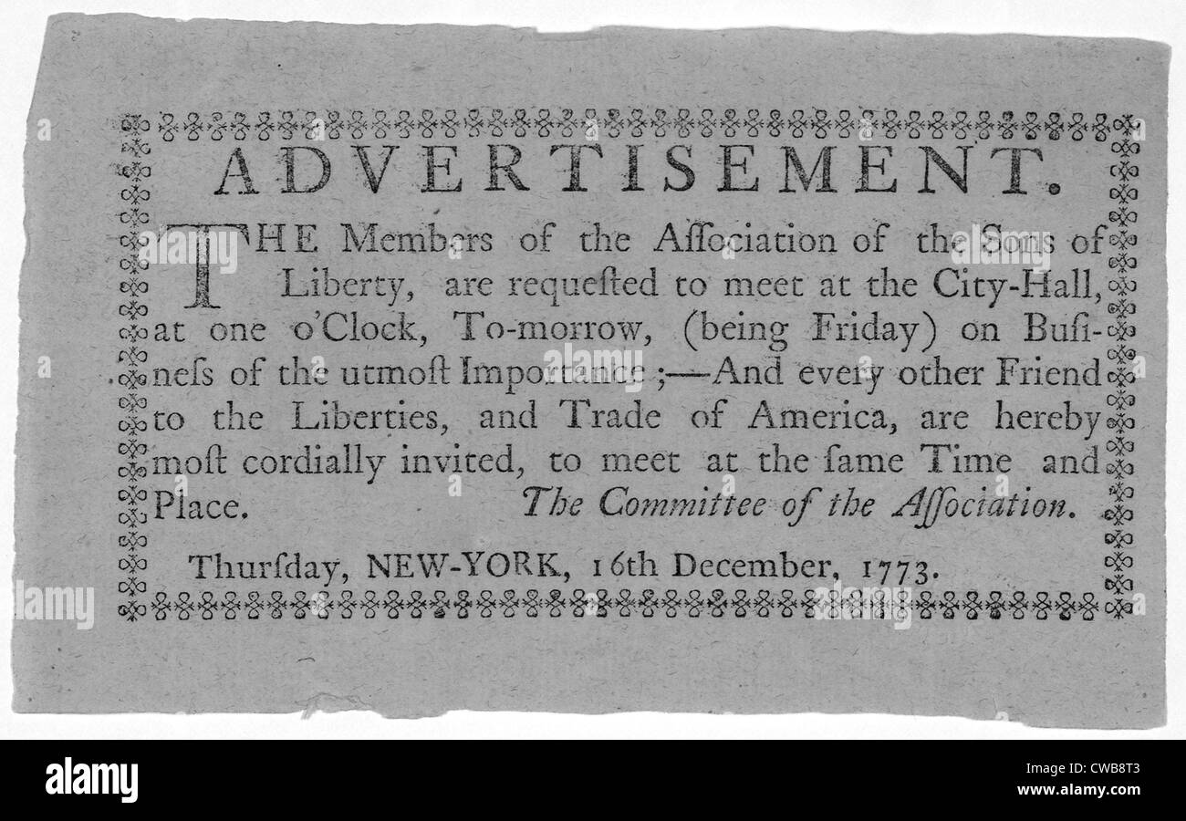 The American Revolution. The members of the Association of the Sons of Liberty, are requested to meet at the City-Hall... A Stock Photo