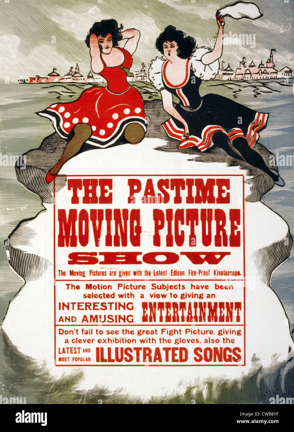 The Pastime Moving Picture Show, advertising for Thomas Edison's kinetoscope films, circa late 1800s. Stock Photo
