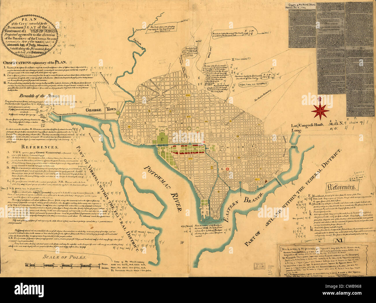 Washington, D.C. Map showing the original plan of what would become the District of Columbia. By Peter Charles L'Enfant. 1791 Stock Photo
