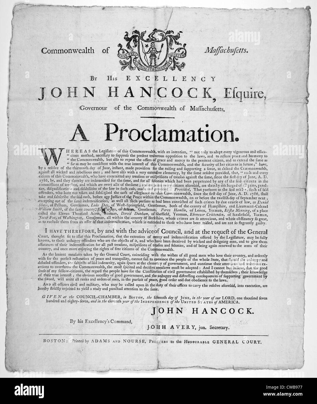 Commonwealth of Massachusetts. By His excellency John Hancock, Esquire Governour of the Commonwealth of Massachusetts. A Stock Photo