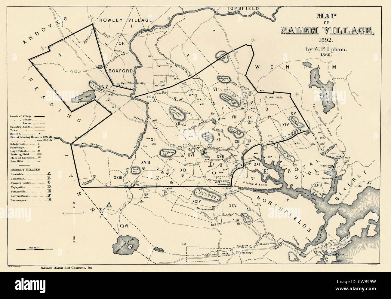 Salem, Massachusetts Colony in 1692. Map drawn 1866 Stock Photo