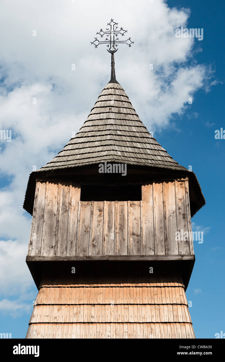 Tower of wooden church of St Cosmo and Damian in Venecia-Lukova, Slovakia Stock Photo