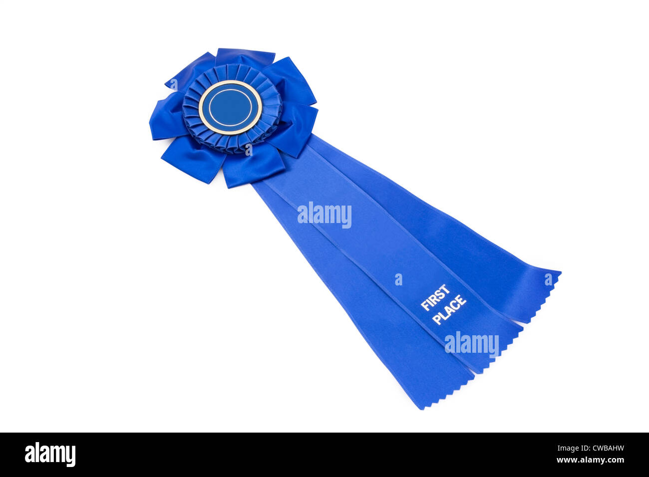First Place award ribbon on white background. Stock Photo