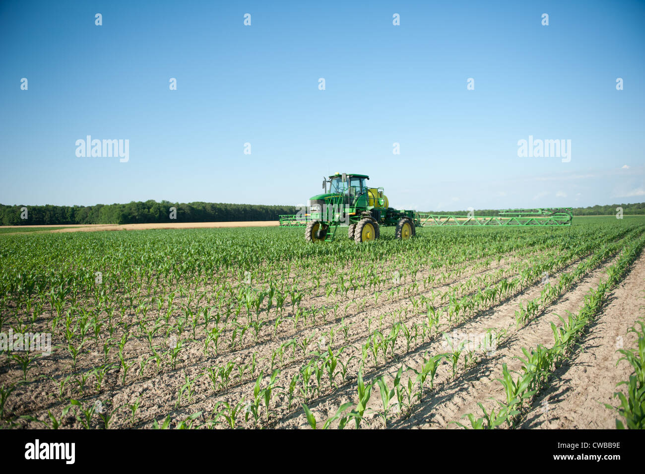 Tractor plowing through field of farm  Stock Photo