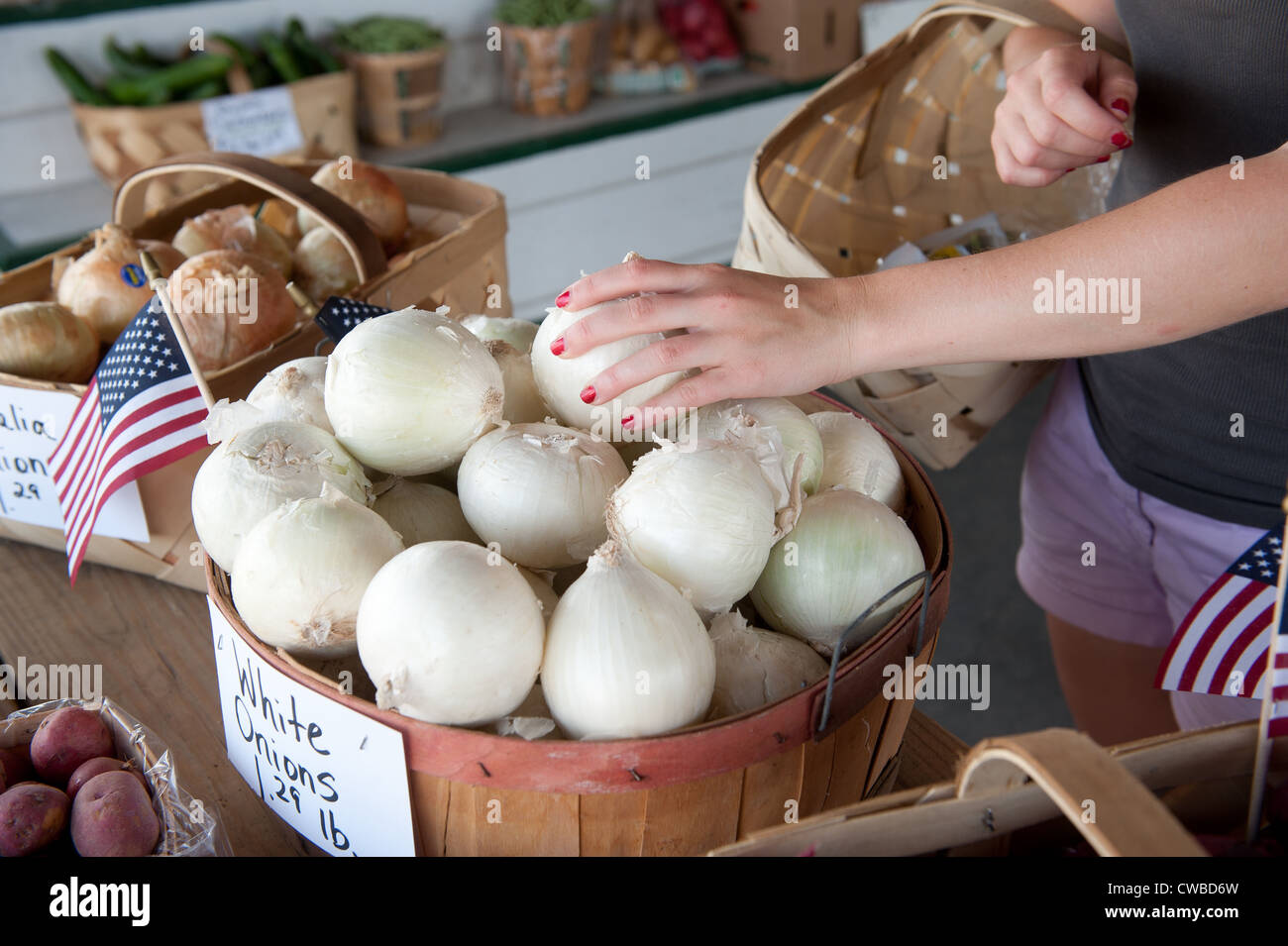 Woman selecting produce at Eastern Shore Virginia farmer's market Stock Photo