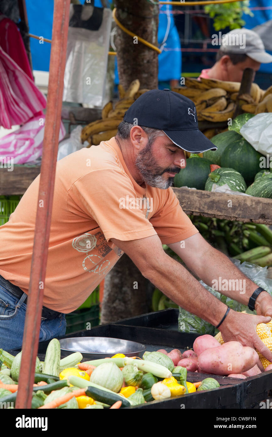 Vegetable vendor at farmer's market, Turrialba, Cartago, Costa Rica, Central America Stock Photo