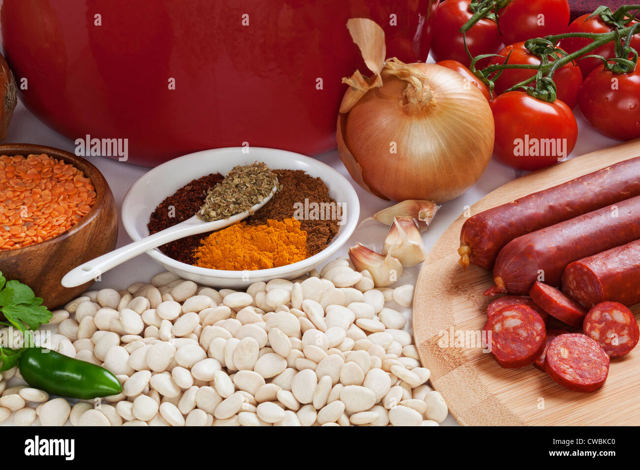 Ingredients for Spanish Chorizo Soup Stock Photo Alamy