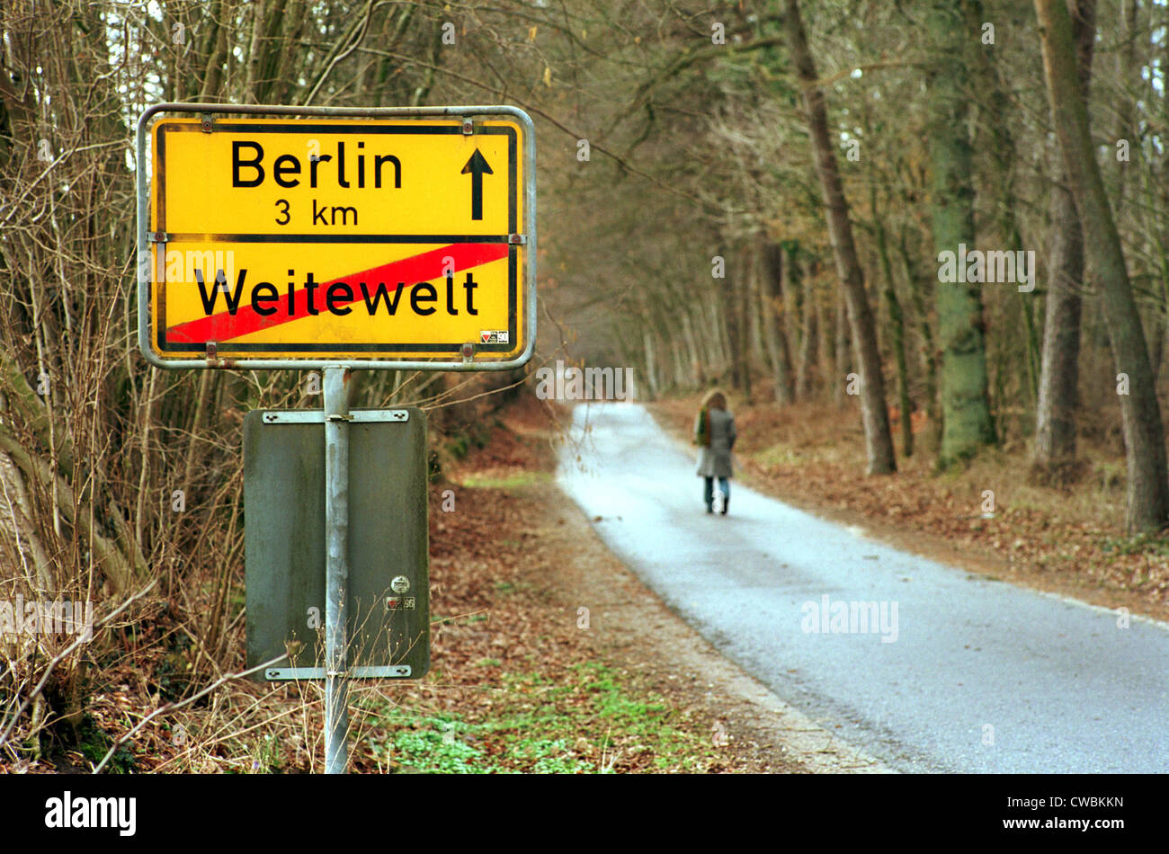 Wide world, sign towards Berlin Stock Photo