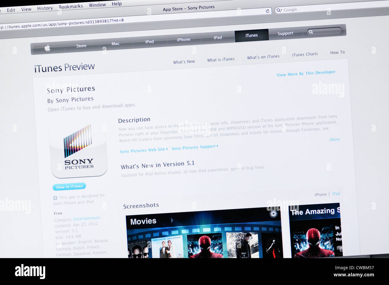 Sony Pictures app website - Read reviews, get customer ratings, see screenshots of movies Stock Photo