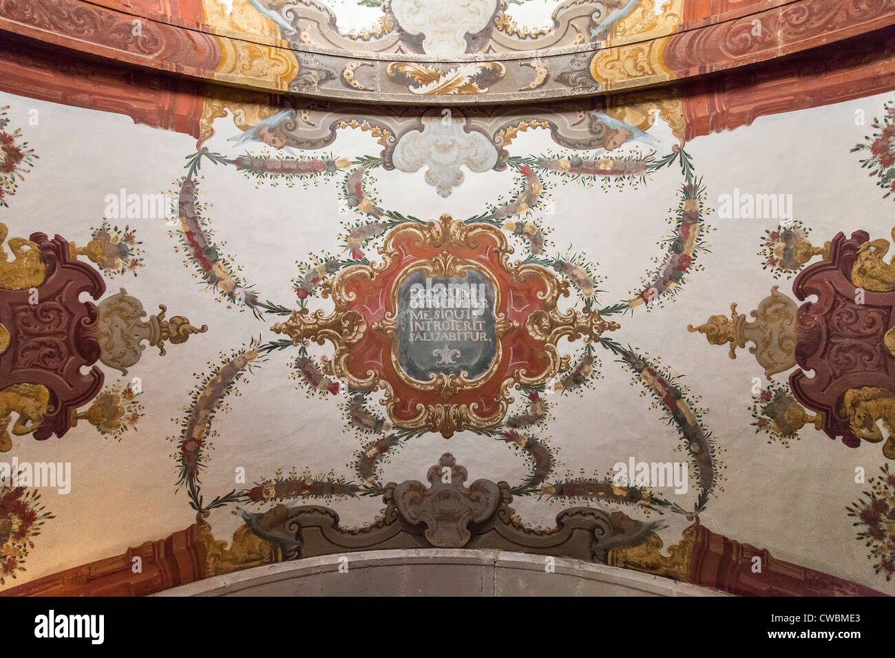 Baroque fresco in the ceiling of the Medieval Santa Maria Church. Obidos, Portugal. Stock Photo