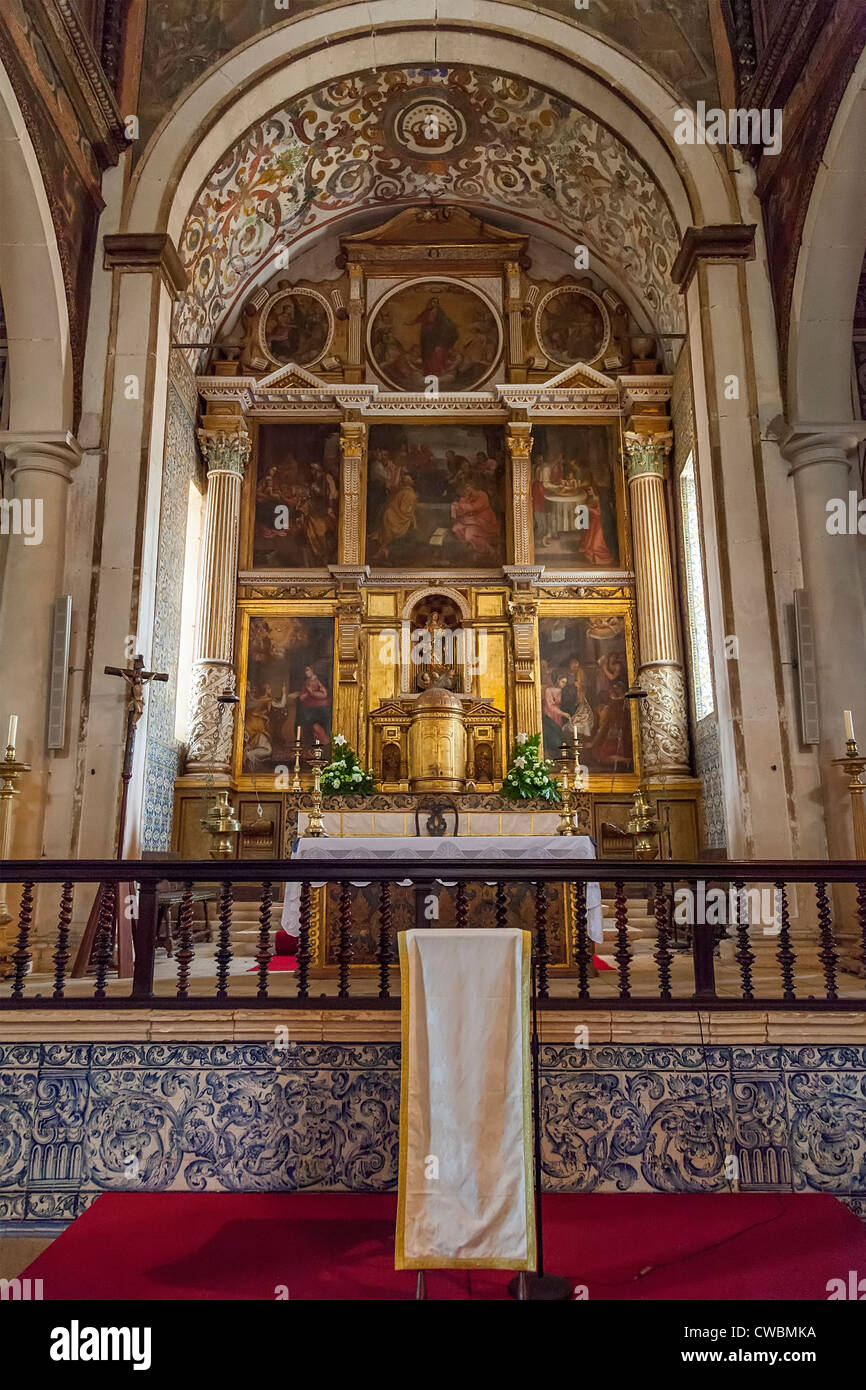 Baroque altar of the Medieval Santa Maria Church covered in Baroque blues tiles. Obidos, Portugal. Stock Photo