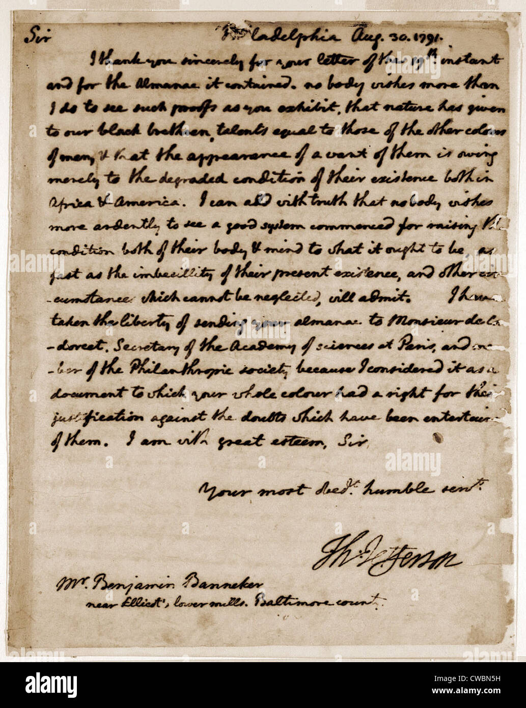 A letter by Thomas Jefferson to Benjamin Banneker (1731-1806) expressing his belief that blacks possess talents equal to those