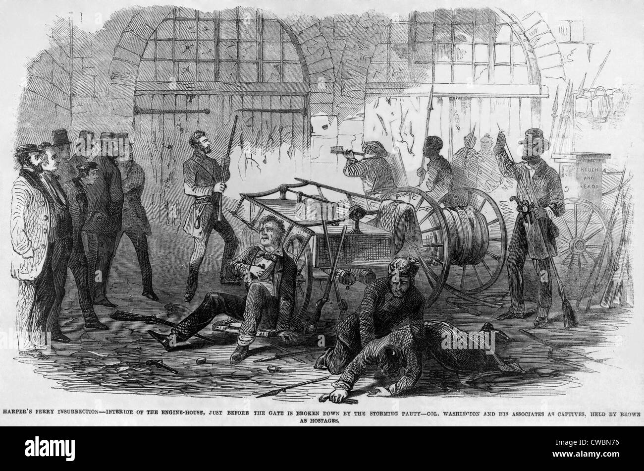 John Brown and others inside the engine house of the Harper's Ferry