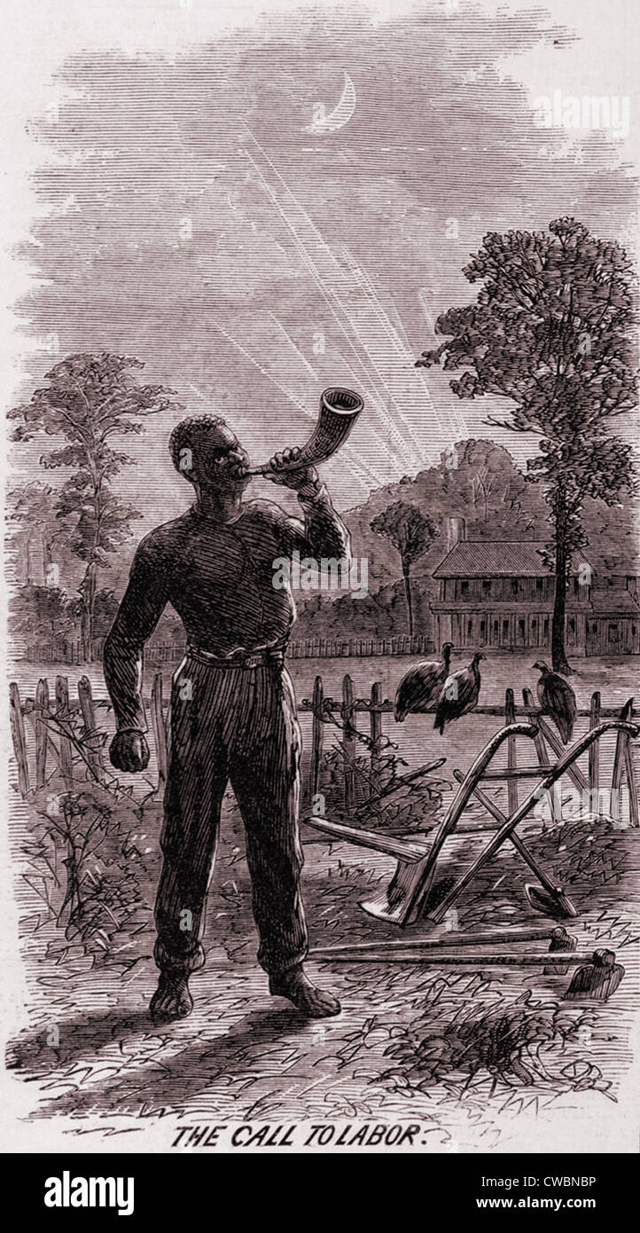 African American blowing the wake-up call for the cotton workers on a Southern plantation in 1867, two years after the end of Stock Photo