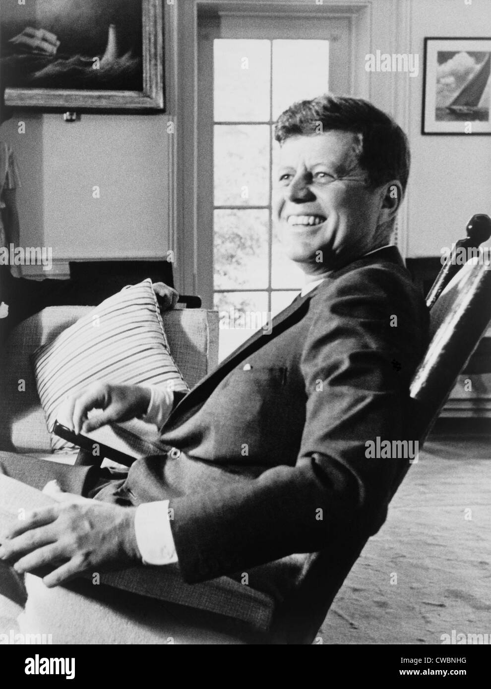 President John F. Kennedy in rocking chair on his 43rd birthday. May 29, 1963. Stock Photo