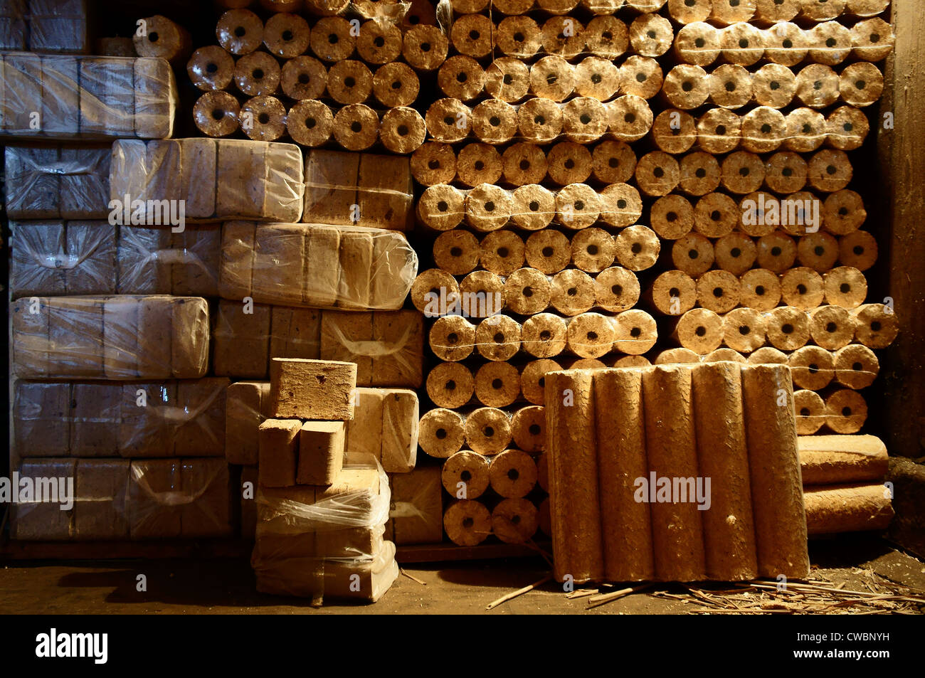 illustrative, compressed wood chips in plastic packaging, wooden