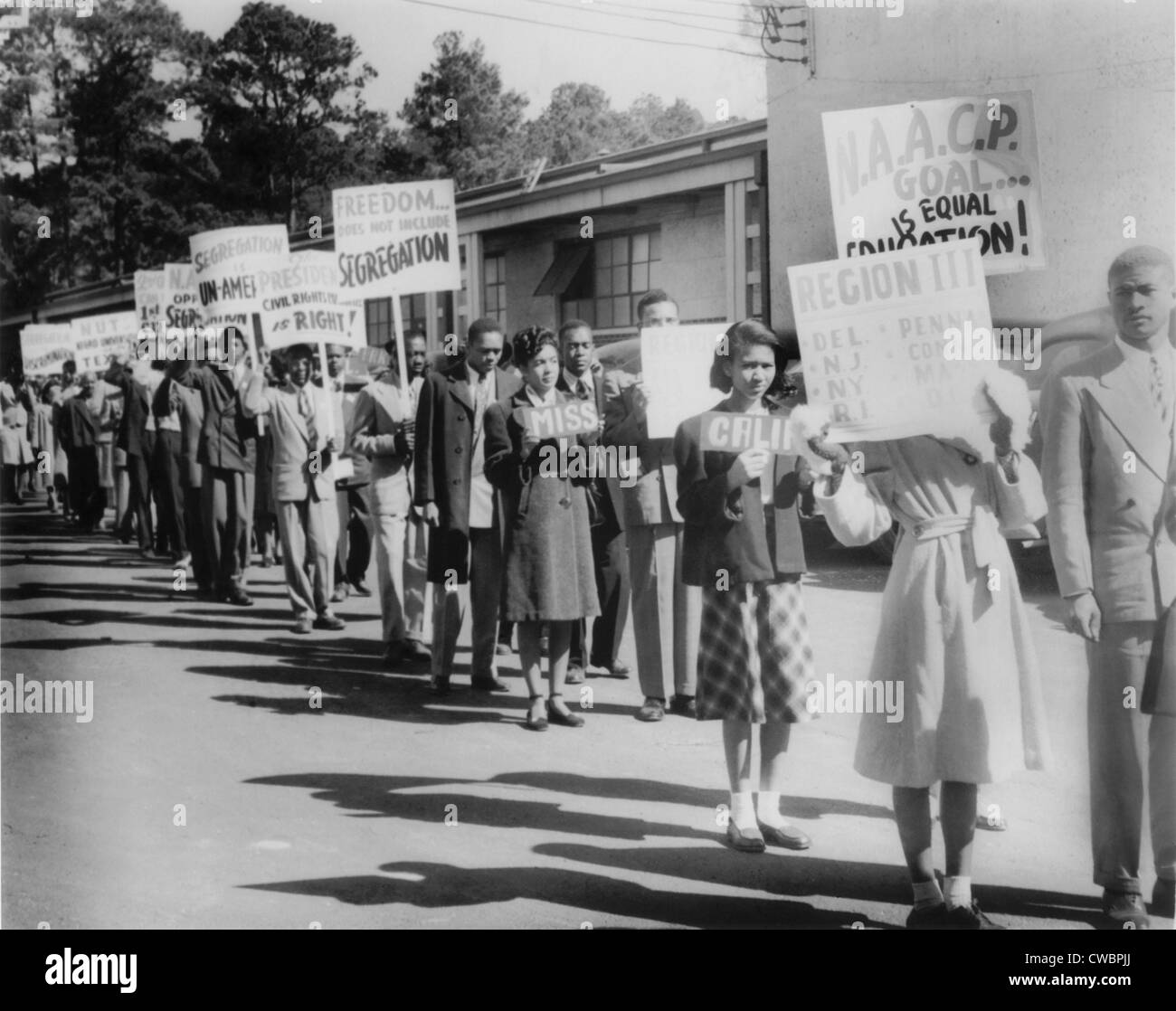 The Civil Rights Movement began in the late 1940's with small demonstrations such as this one by NAACP youth members protesting Stock Photo