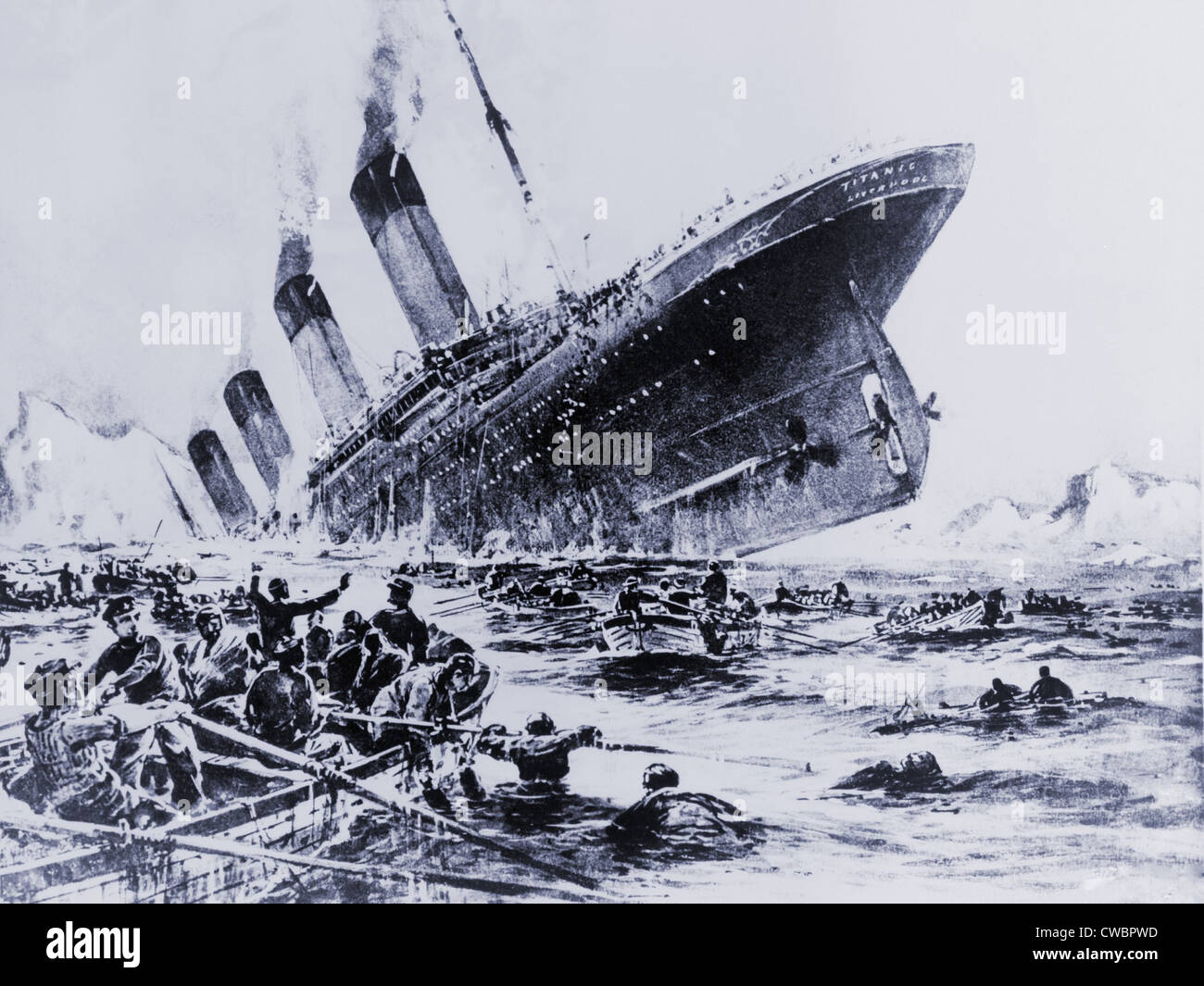 Sinking of the ocean liner the Titanic witnessed by survivors in lifeboats. May 15, 1912. Stock Photo