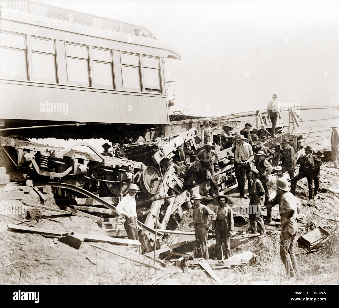 1887 Great Chatsworth train wreck of the Niagara Excursion Train showing the sleeper car 'Tunis' at the culvert 5 that caused Stock Photo