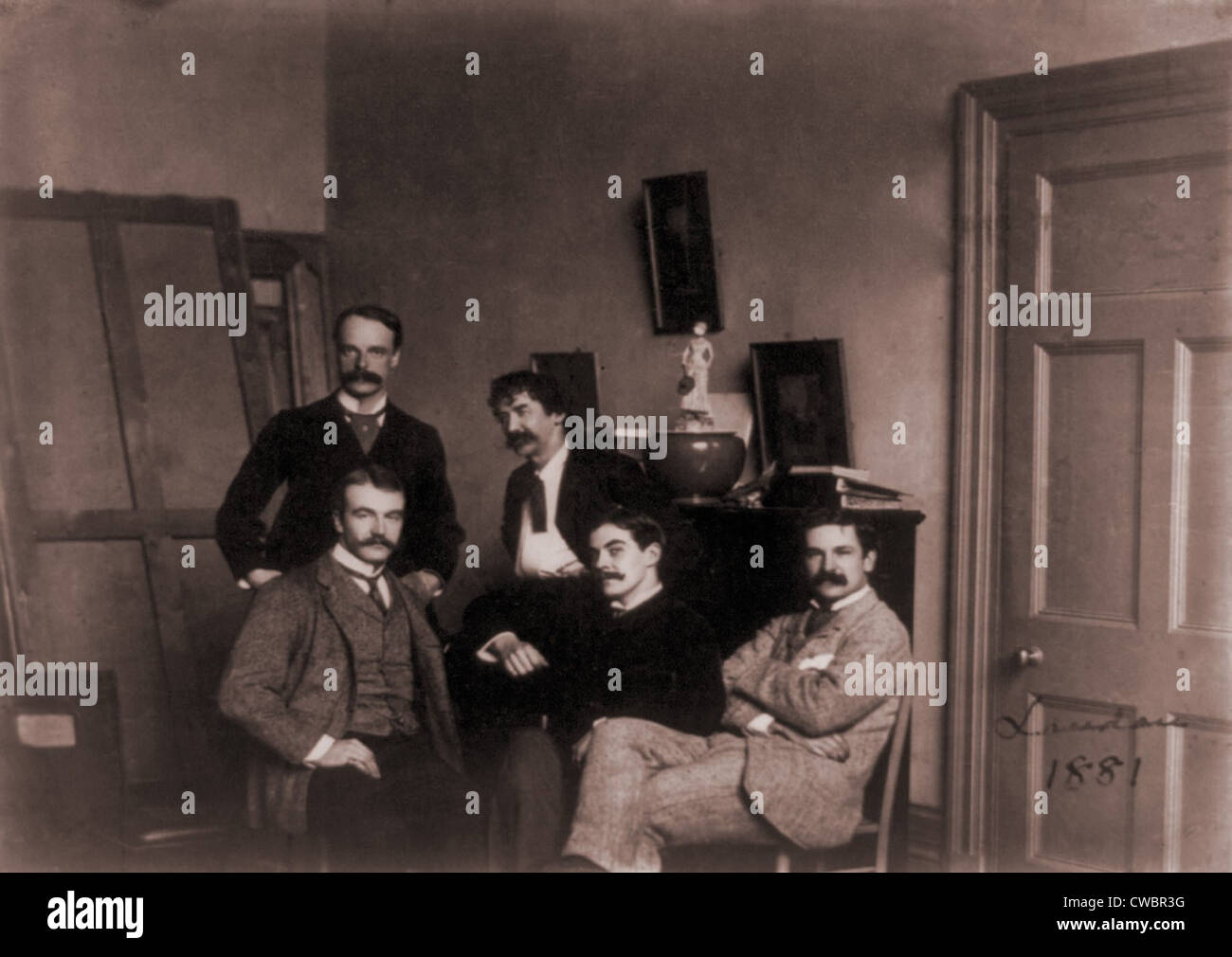 Group in James McNeill Whistler's London studio photographed in 1881: From left) Julian and Waldo Story, Whistler, Frank Miles, Stock Photo