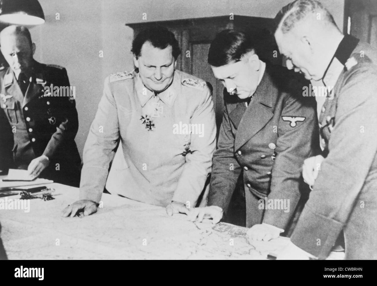 Adolf Hitler, Hermann Goring, and Field Marshall Keitel looking at map on table in 1942, when most Nazi armies were fighting Stock Photo