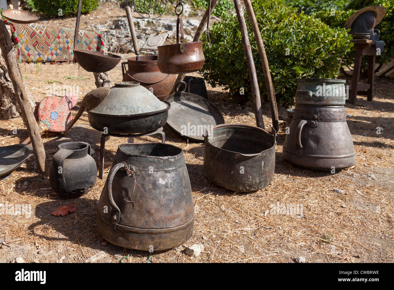 Tent of a cast iron cookware maker the Middle Ages in the Medieval Fair in Óbidos, Portugal. Stock Photo