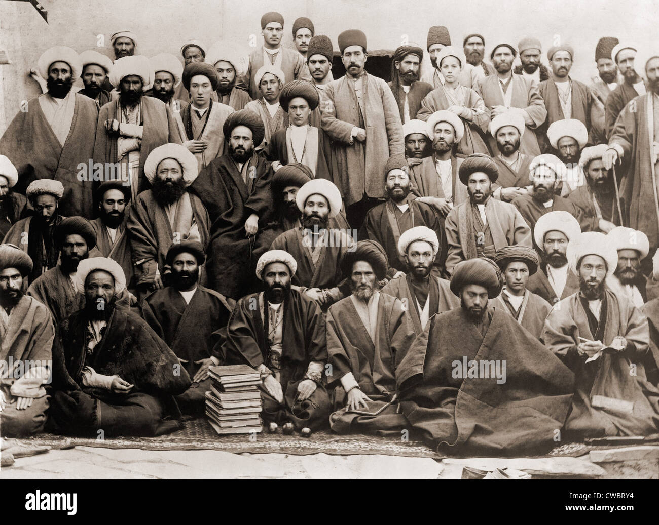 Islamic clerics is Persia, ca. 1910. Reza Shah Pahlavi compromised with the Iranian mullahs when they opposed his imitation of Stock Photo