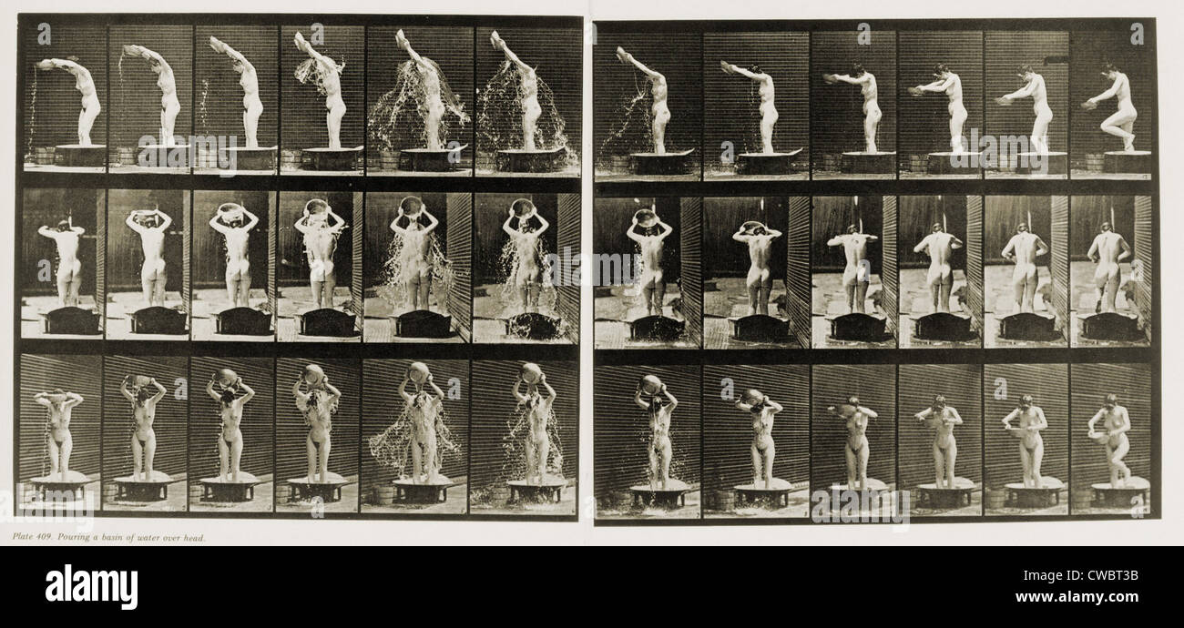 Photographic motion study of a women pouring a basin of water over her head by Eadweard Muybridge. Ca. 1884-87. Stock Photo