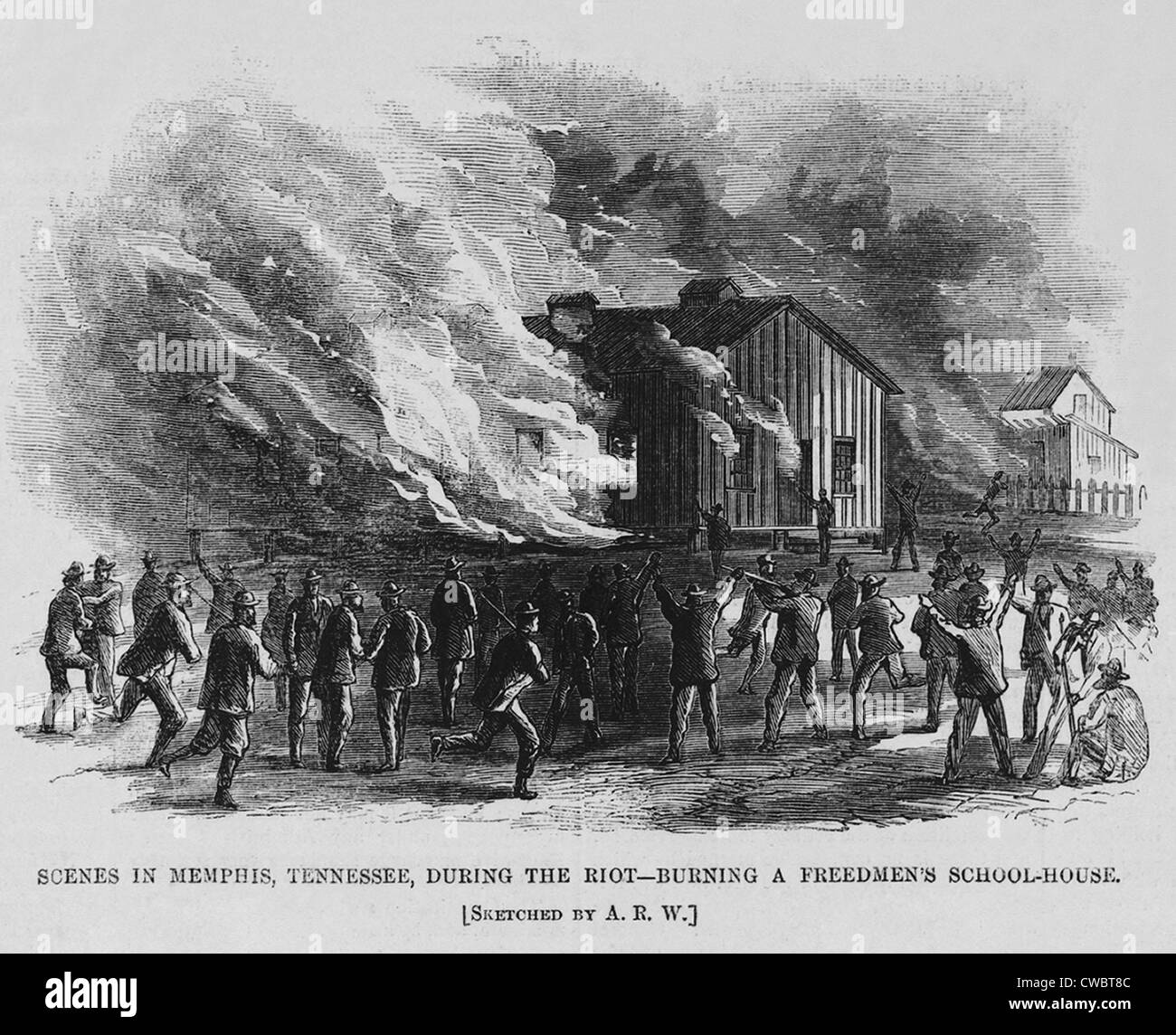 Race riot in Memphis, Tennessee, May 2, 1866. A white mob burnt down a Freedmen's school and attacked its northern missionary Stock Photo