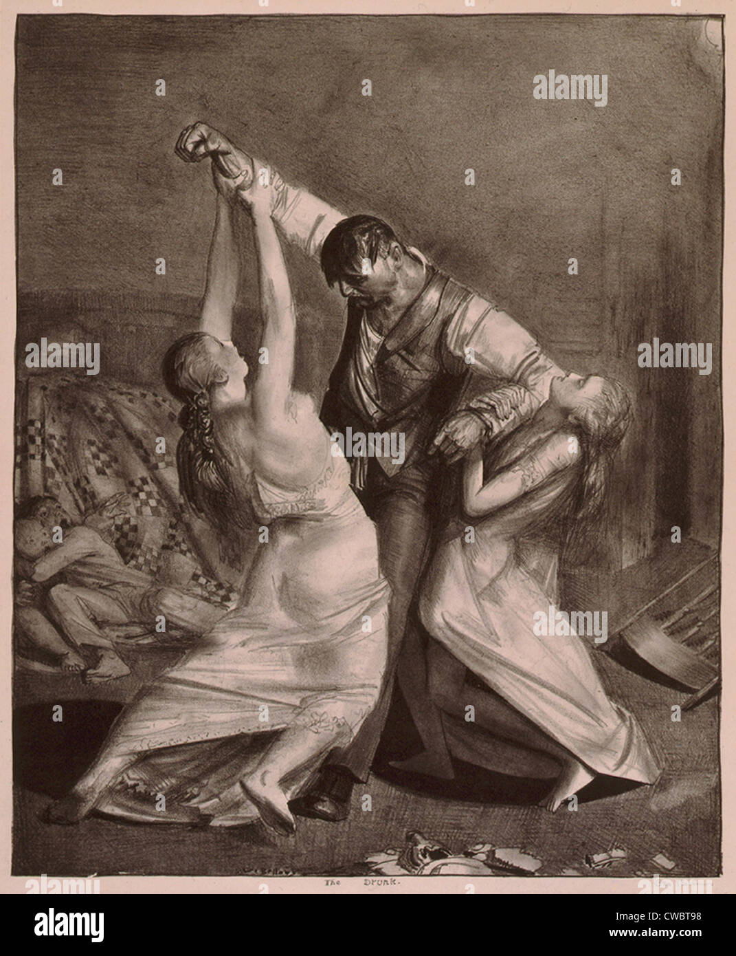 THE DRUNK, a lithograph by George Bellows (1882-1925), shows a woman struggling with her drunken husband. Lithography by Stock Photo