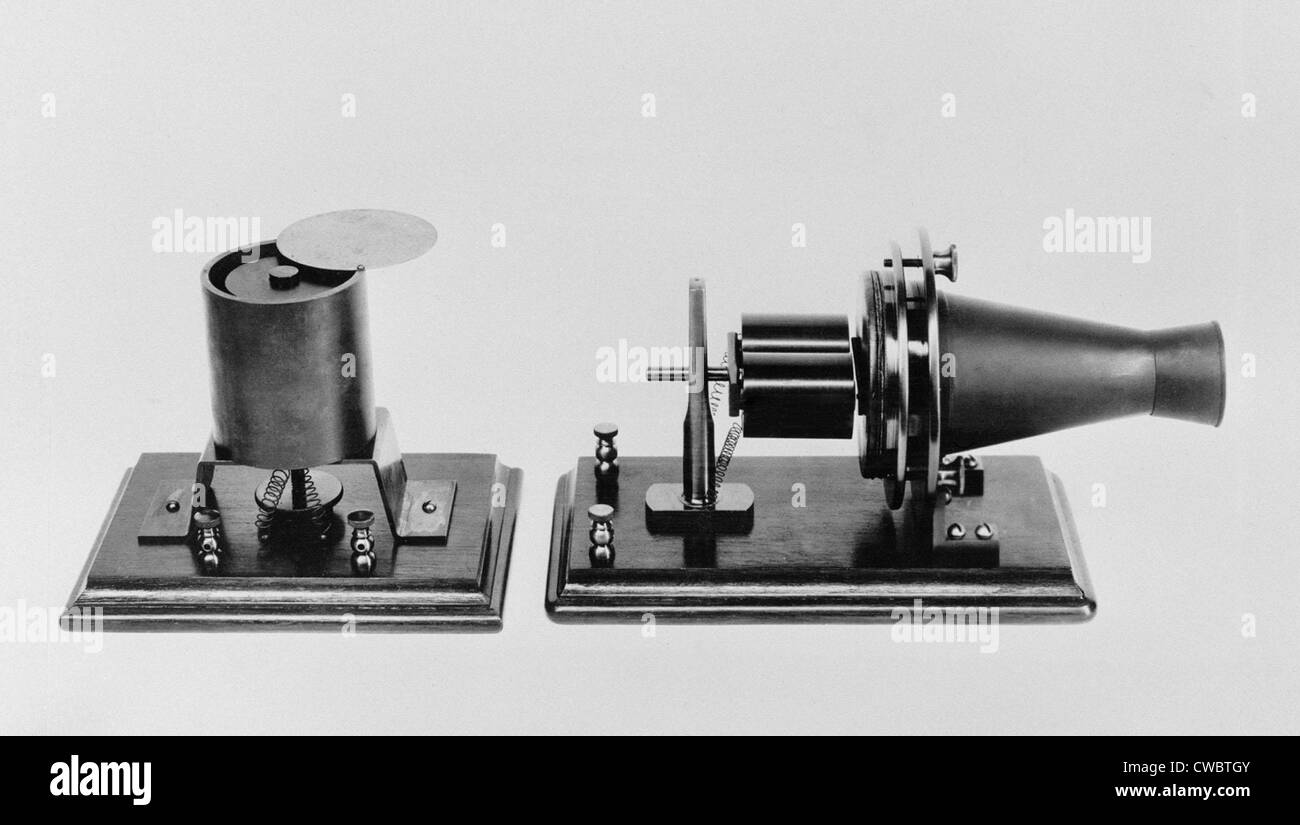 The first telephone developed and patented by Alexander Graham Bell in 1876. Replicas of the magnetic transmitter and receiver Stock Photo